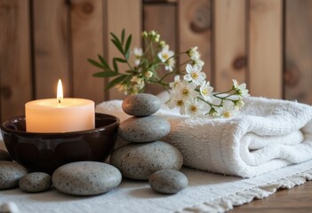 Relaxing spa setup with candles, stones, and fresh flowers for tranquility