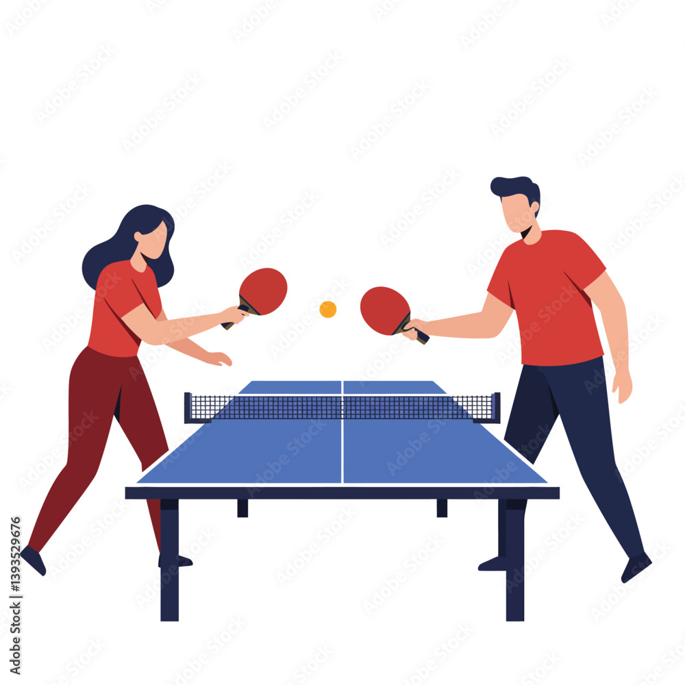 Poster two players competing in a table tennis match in minimal vector art style