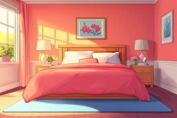 Modern Bedroom Interior Design with Coral Walls and Natural Light - Cozy and Inviting Home Decor with Vibrant and Stylish Elements