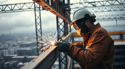 Skilled Worker Welding Metal Beams at High Altitude on Skyscraper with Cityscape Below