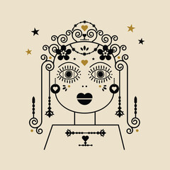 Black line and swirl detail modern abstract isolated woman face and hair with big eyes, bold lips, and flowers on light pink background poster