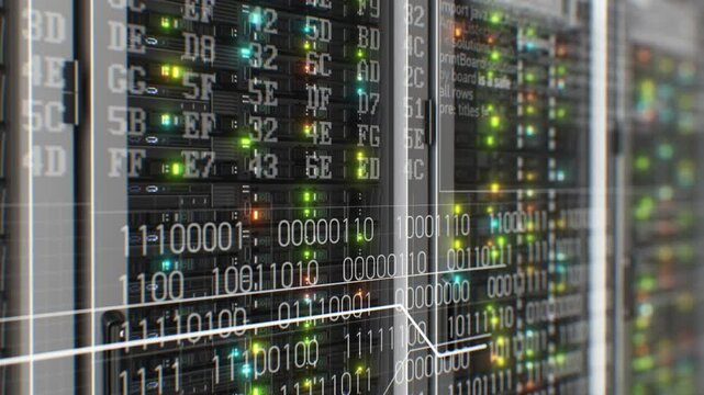 Servers Racks Computing Process Digital Visualization Loop 3d Animation. Artificial Intelligence Elements Over Working Computers Seamless Illustration. Modern Data Center Ai Technology Concept 4k.