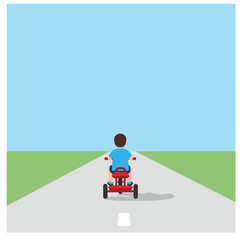 Child riding red tricycle down empty road in flat vector art