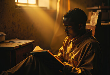 Obraz premium Young man reading a book in a sunlit room, immersed in thought