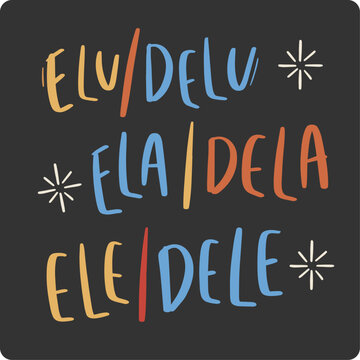 elu delu, ela dela, ele dele. She her, he him and neuter pronoun in brazilian portuguese. Modern hand Lettering. vector.