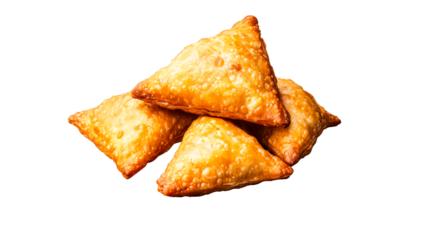 Delicious samosas, fried pastry on black background, cut out transparent