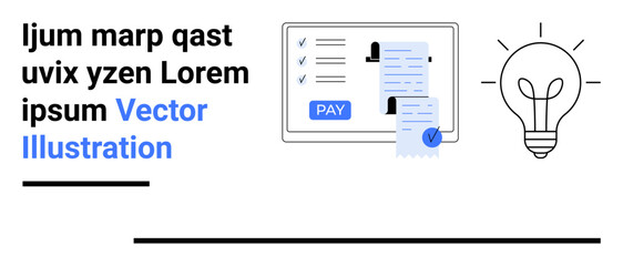 Digital screen displays documents and checklist with Pay button. Lightbulb signifies creativity and solutions. Ideal for payments, innovation, technology, efficiency, planning, startups, abstract