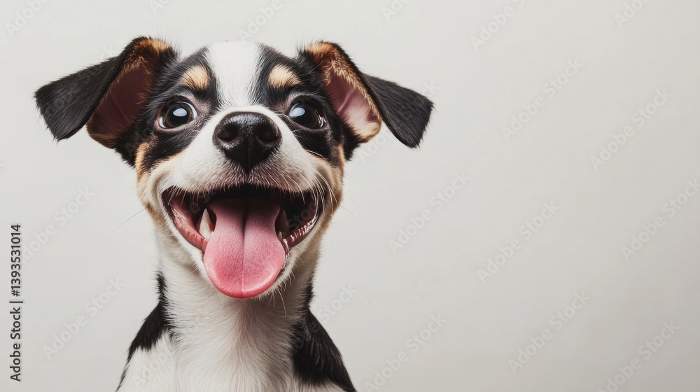 Poster happy corgi puppy looking up with tongue out in playful white studio setting