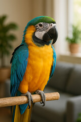 Vibrant tropical parrot calmly perched indoors in natural soft light