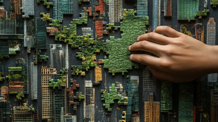 A hand is reaching for a piece of a puzzle that is made to look like a city