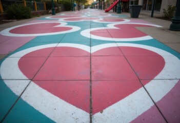 Colorful heart patterns on a sidewalk create a vibrant urban atmosphere