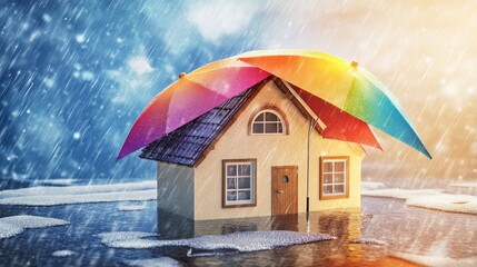 Umbrella on the house with rain