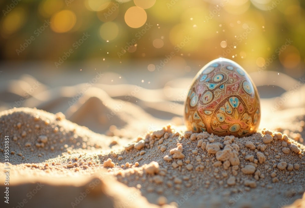 Aufkleber decorative egg resting on sandy surface with soft bokeh background