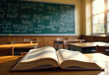 Open book on a wooden desk in a classroom with a chalkboard background