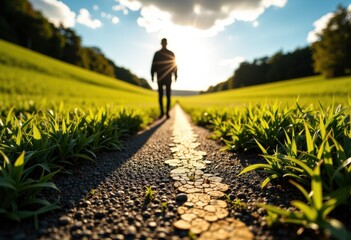 Fototapeta premium A person walking along a sunlit path through lush green fields