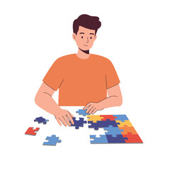 Fototapeta premium Young man assembling colorful puzzle pieces in flat vector illustration