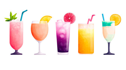 Row of Vibrant Cocktail Illustrations Against Black, cut out transparent