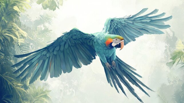 A vibrant, painted illustration of a macaw in flight, wings spread wide against a blurred tropical backdrop