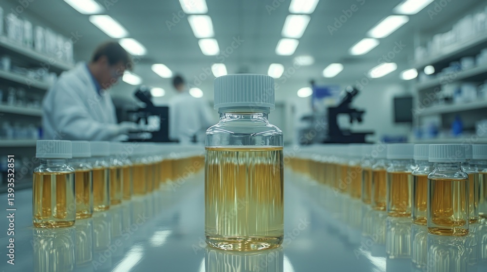 Poster rows of vials with amber liquid sit in lab with scientists in background