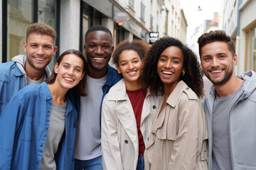 Obraz premium Group of six friends are laughing and posing together in an urban alleyway, showcasing their joy and friendship in casual outdoor attire. Generative AI.