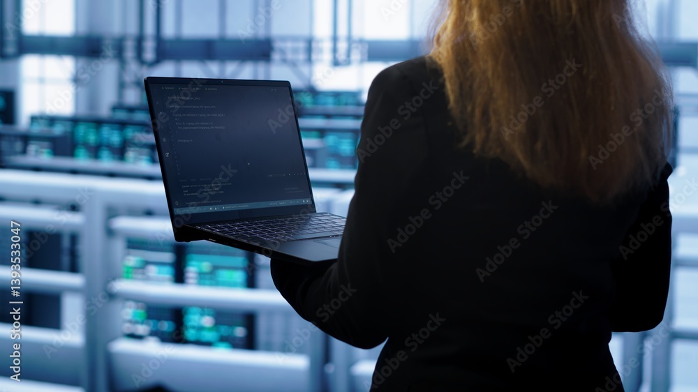 Poster system administrator in server farm using laptop to patch network issues leading to slow data transf