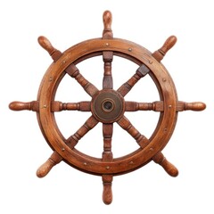 Isolated wooden ship wheel with eight handles isolated on white background