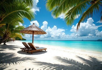 Tropical beach with lounge chairs and a thatched umbrella under palm trees