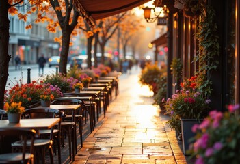 Fototapeta premium Charming street lined with colorful flowers and outdoor café seating