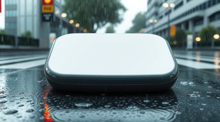 A white blank screen on a wet surface in an urban environment