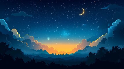 Serene Starry Night Sky with Vibrant Moon and Clouds - Digital Painting Illustration