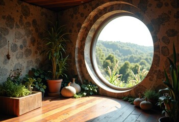 Cozy interior with a round window showcasing a beautiful natural view