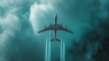 Naklejka premium A surreal aerial shot of a passenger jet flying directly overhead, vapor trails slicing through a teal-tinted sky, soft but moody clouds in the background