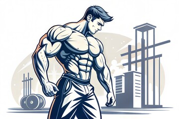 A muscular man stands confidently, showcasing his physique in a contemporary gym. Exercise equipment and buildings create an urban backdrop. Generative AI.