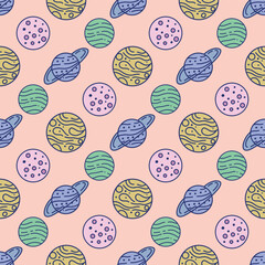 Planets in space. eamless vector pattern for fabric design, wallpapper, wrapping.