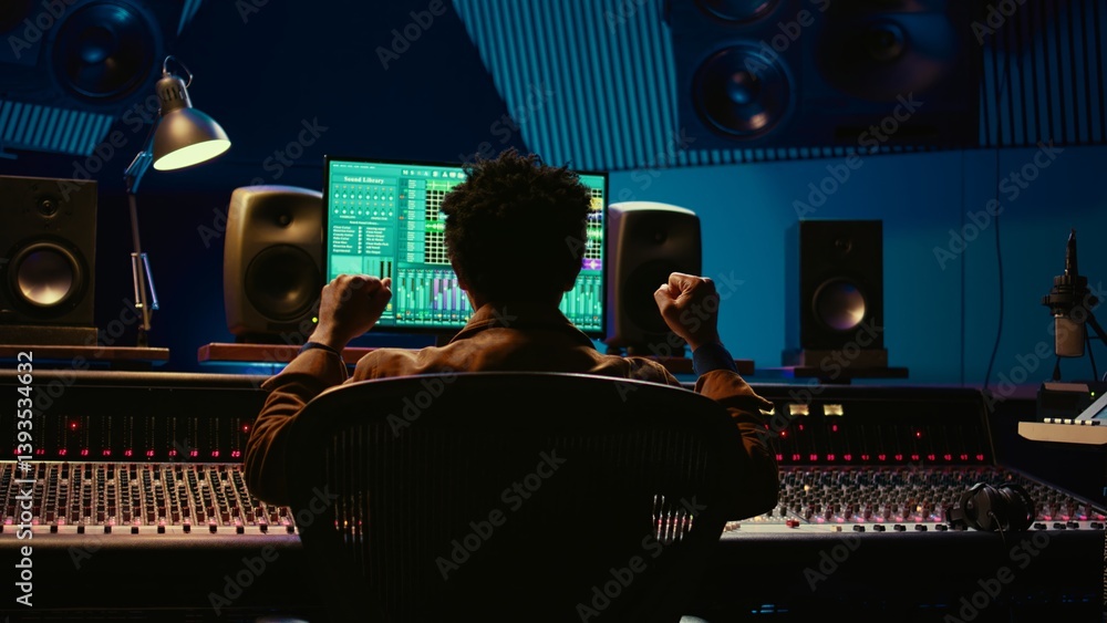 Aufkleber african american sound engineer feeling happy with his recorded song on mixing console, working in m