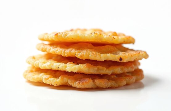 Stack of Khakhara. Indian crispy, savory snack, flatbread. Made from wheat flour. Popular street food from Gujarat. Masala, roasted snack, delicious food. Perfect vegetarian dish. Isolated on white