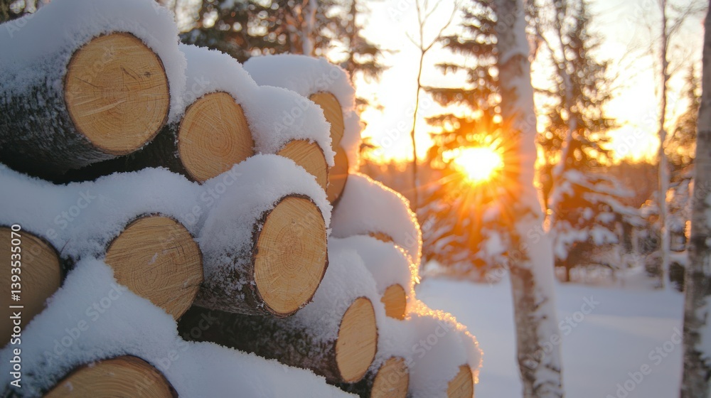 Poster snow-covered logs stacked in forest. sunlight shines through trees in the background