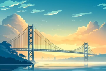 Obraz premium Colorful Sunset Over Urban Bridge: Dreamy Evening Reflection in Vibrant, Serene Waterscape