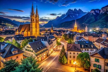 Obraz premium Enchanting Night Photography of Bolzano Italy City Lights Sparkling Against the Alpine Glow