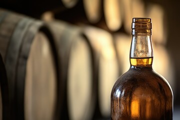 Whiskey bottle in front of oak barrels, suggesting aging and maturation process.