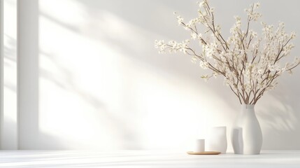 A white ceramic vase with delicate dried branches on a minimalist white table, soft sunlight casting shadows on the wall, and serene interior design concept.