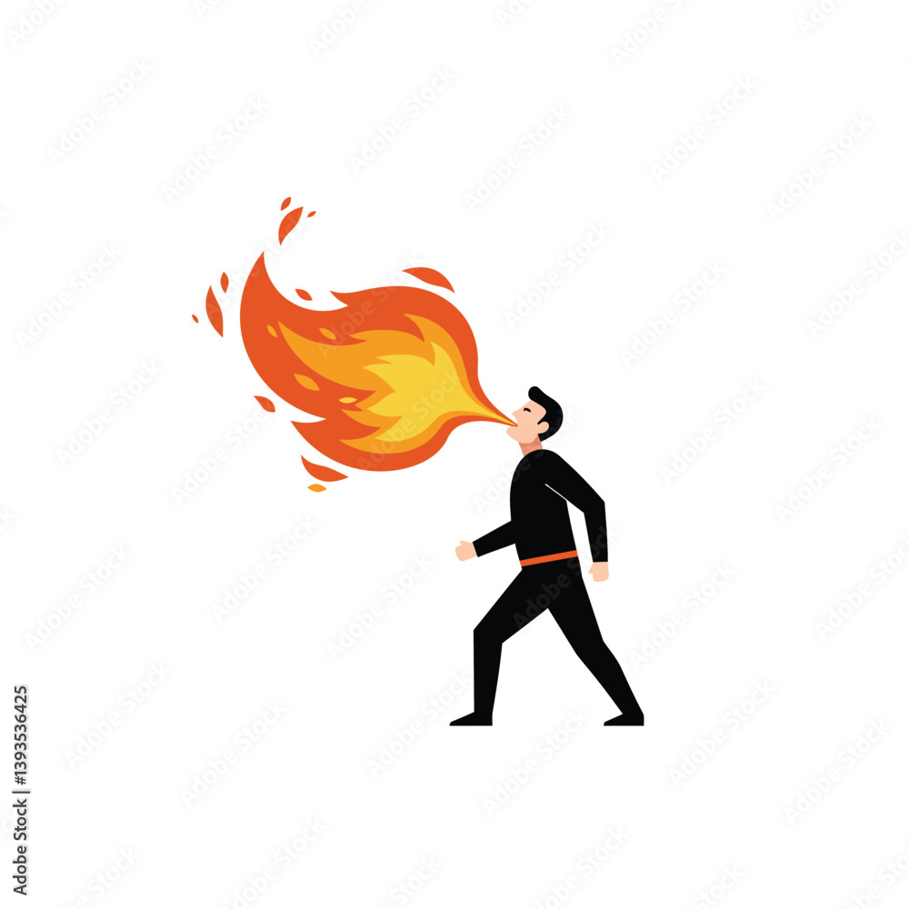 Poster man breathing fire in dynamic action pose flat vector art