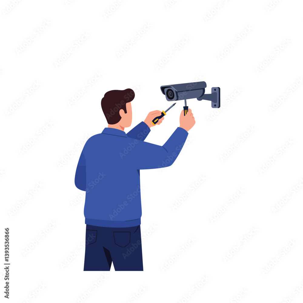 Poster technician installing security camera with tools in flat vector art illustration