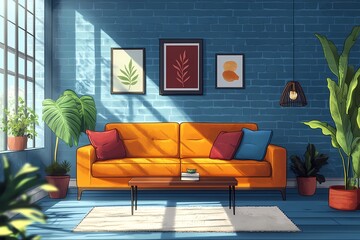 Modern Living Room Design with Bright Orange Sofa and Blue Walls Featuring Cozy Home Decor and Greenery