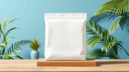 Fototapeta premium A white package displayed on a wooden surface with foliage decor