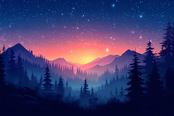 Naklejka premium Breathtaking Landscape of Mountains and Forest Under a Starry Night Sky - Serene Twilight Scenery with Vibrant Colors and Dreamy Silhouettes in Nature Photography
