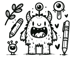 Playful Monster with Stationery and Eyeballs Coloring Page: Whimsical Design for Kids