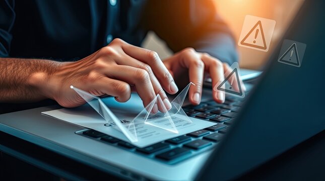 A person typing on a laptop computer with security alert symbols