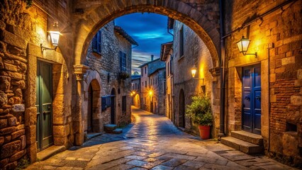 Fototapeta premium Enchanting Medieval Night Street in Montepulciano Tuscany A Breathtaking Night Photography Capture