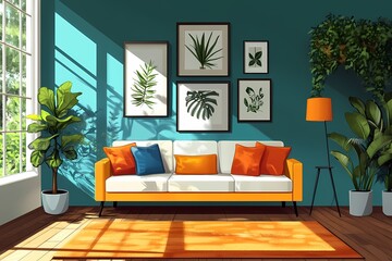Modern Living Room Interior Design with Vibrant Natural Light and Eco-Friendly Decor